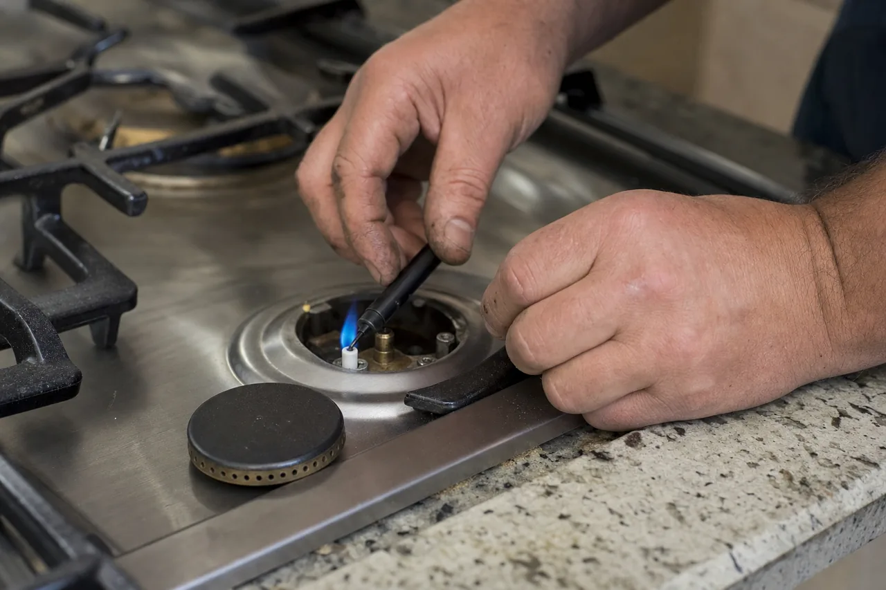 Technician adjusting a gas cooktop burner