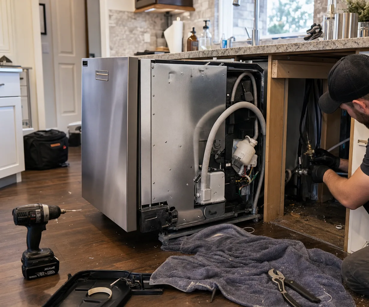 Technician servicing a built-in dishwasher up close