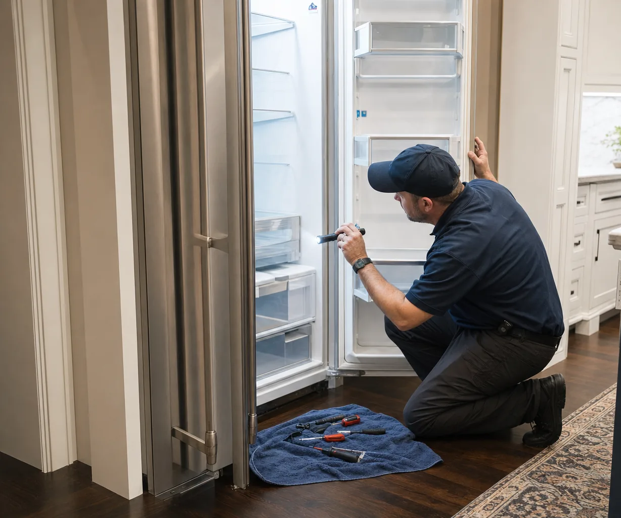 Technician repairing a built-in refrigerator in a Westport kitchen