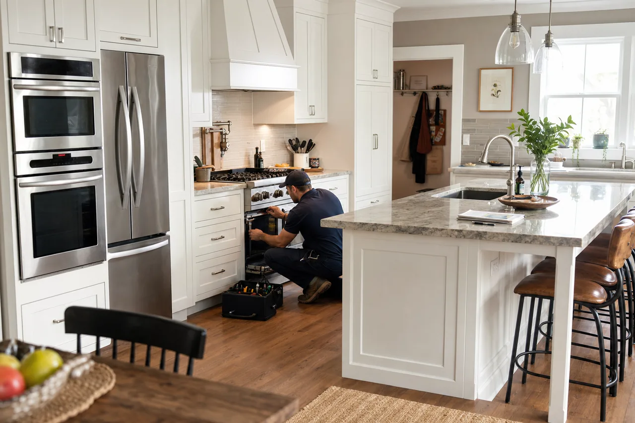 A luxury kitchen with built-in stainless appliances mid-repair