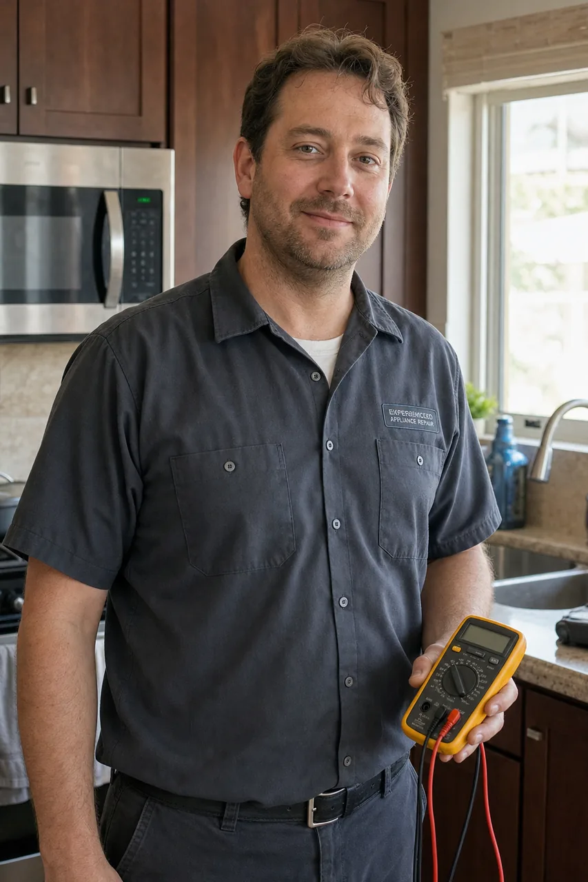An appliance repair technician in a Westport kitchen holding a multimeter