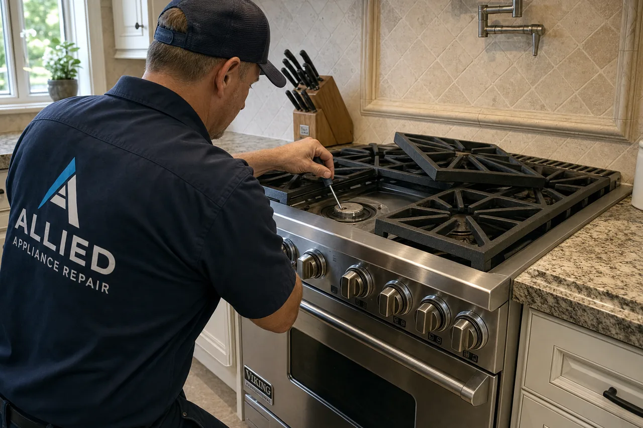 Technician servicing a stainless Viking range on a same-day visit