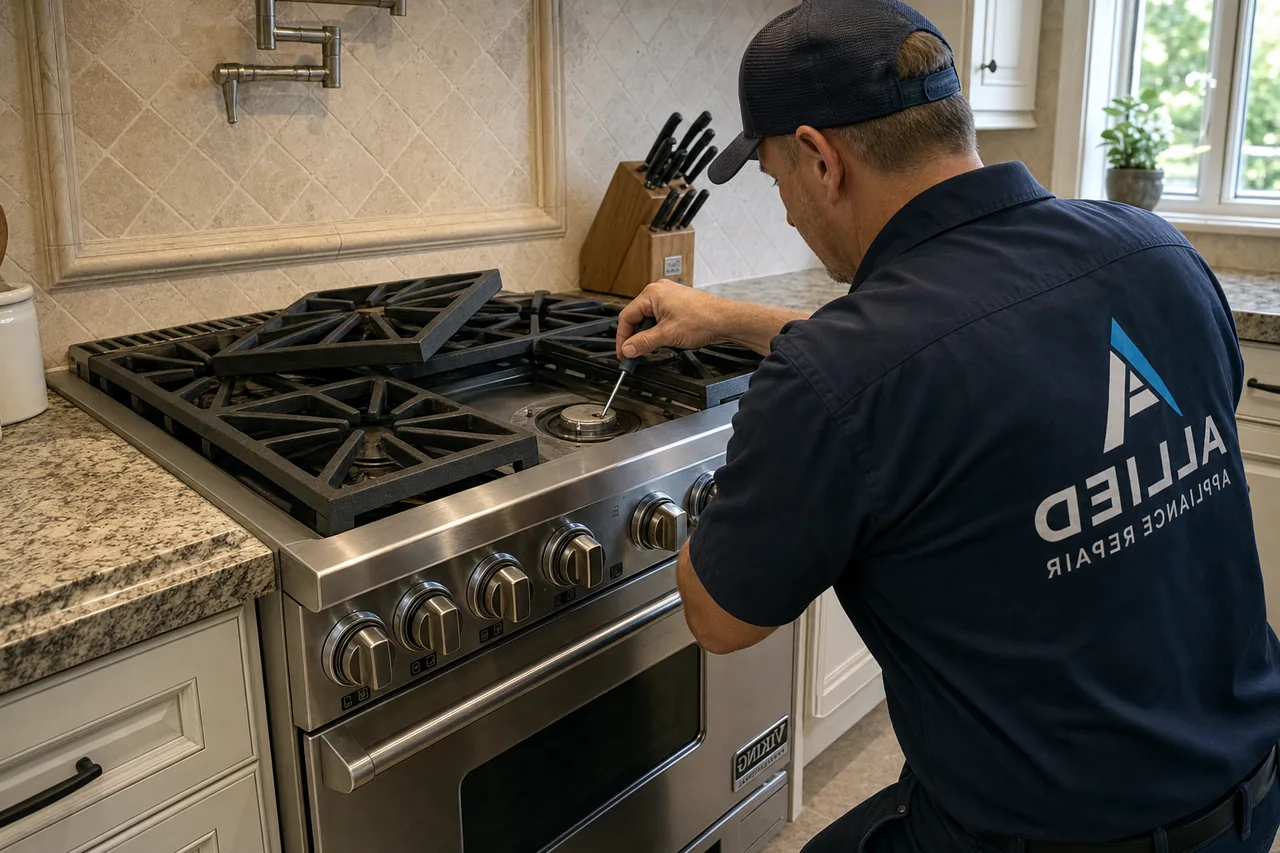 Technician servicing a stainless Viking range mid-repair