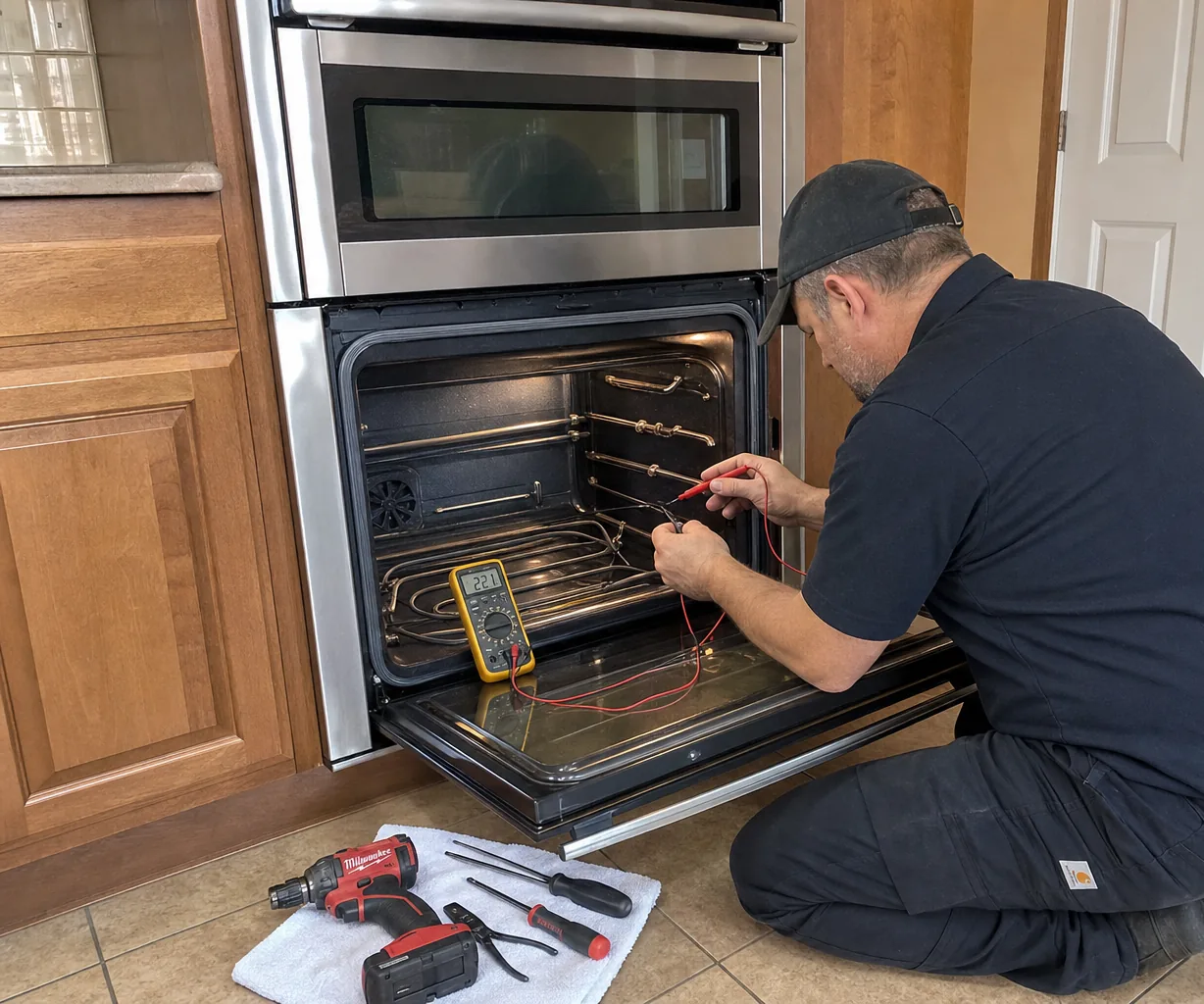Technician servicing a built-in wall oven up close